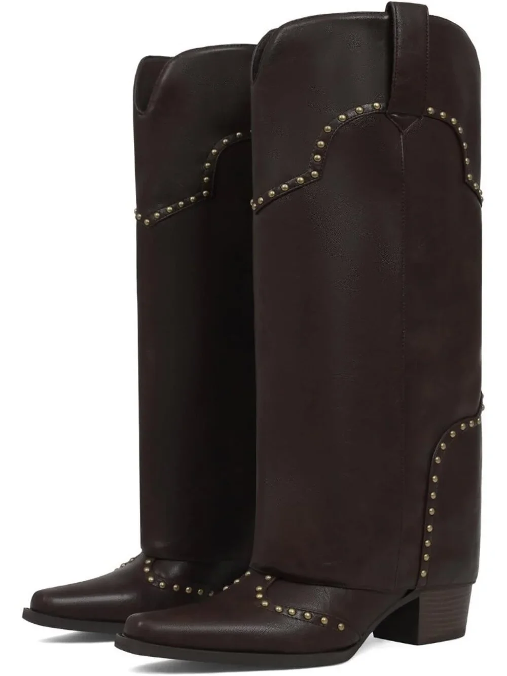 Women's Chocolate Polyurethane (PU) Studded Fold Over Knee High Chunky Heel Boot